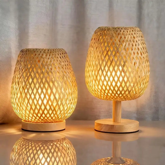 Handwoven Bamboo LED Table Lamp – USB & 3 Light Modes