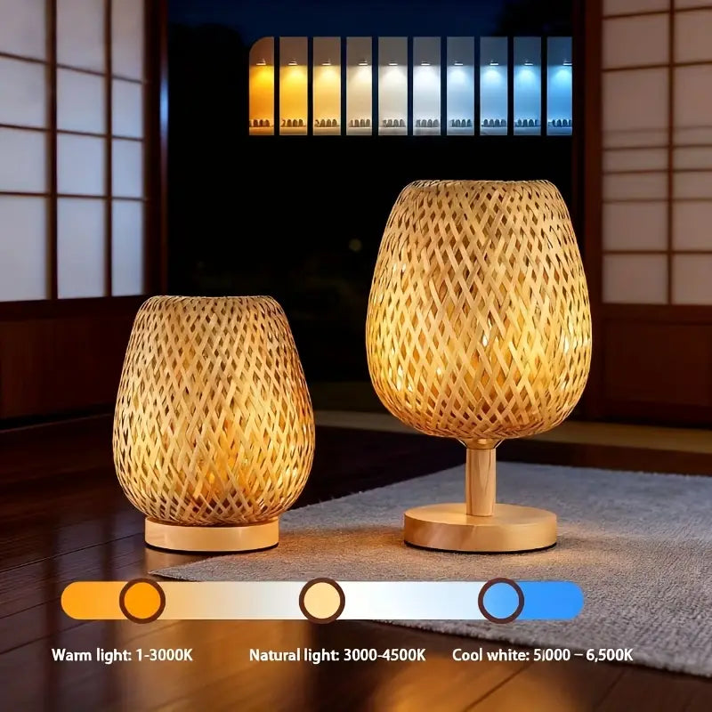 Handwoven Bamboo LED Table Lamp – USB & 3 Light Modes